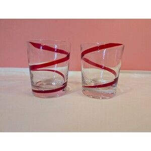 Set of 2 Pier 1 Imports Red Swirline Old Fashioned Glasses Drinkware